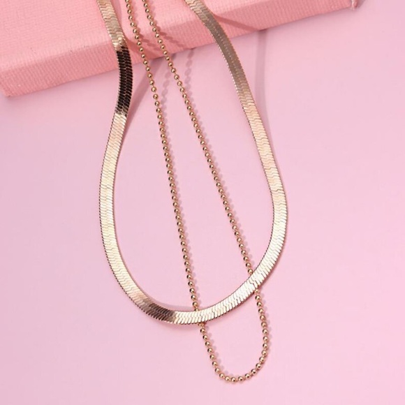 Flat Snake Chain Herringbone Layered Gold Necklace - Picture 2 of 8